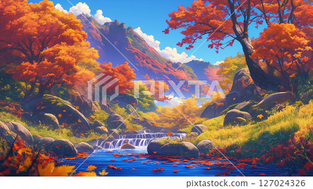 Autumnal mountain river landscape, anime style 127024326