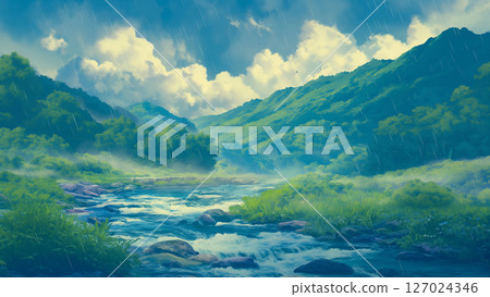 小雨下的山河景觀,動漫風格 小雨下的山河景觀,動漫風格 127024346