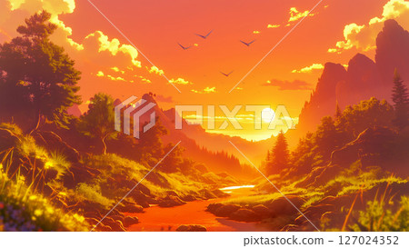 Evening mountain river scenery, anime style 127024352