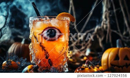 Halloween cocktail with eyeball garnish in spooky setting 127024356