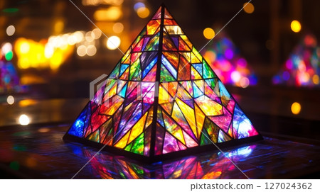 Colorful stained glass pyramid with glowing lights 127024362