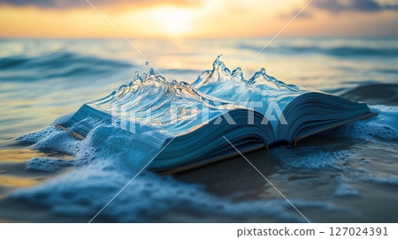 Open book with ocean waves on a beach at sunset, creative imagination concept Open book with ocean waves on a beach at sunset, creative imagination concept 127024391