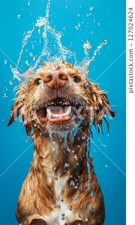 Dog splashing water on blue background 127024624