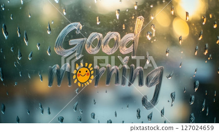 Raindrops on glass with good morning message and smiley sun, cheerful start concept 127024659