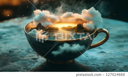 A surreal landscape inside a teacup with mountains and clouds, fantasy concept 127024660