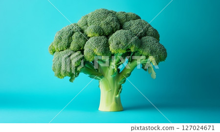 Fresh broccoli on turquoise background, minimalistic concept Fresh broccoli on turquoise background, minimalistic concept 127024671
