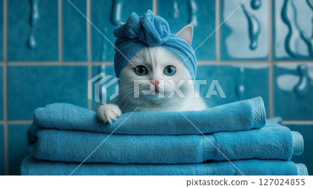 White cat wrapped in blue towels with towel turban in bathroom. Cute pet and hygiene concept 127024855