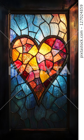 Stained glass window with heart design, colorful light pattern. Art and decor concept 127024859