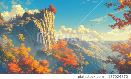 Scenery of cliffs in autumnal forest, anime style 127024870