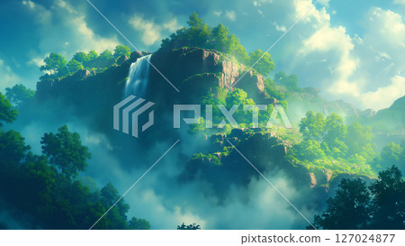 Cliff landscape with waterfall, anime style 127024877