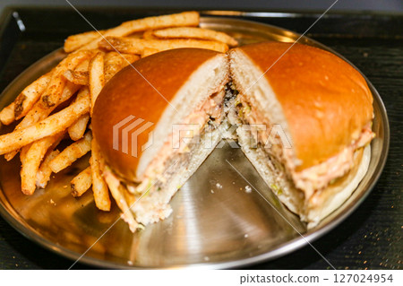 Homemade hamburger cut in half 127024954