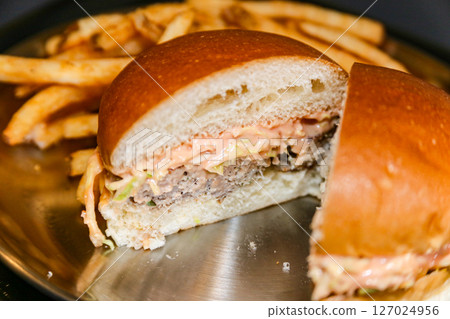 Homemade hamburger cut in half Homemade hamburger cut in half 127024956