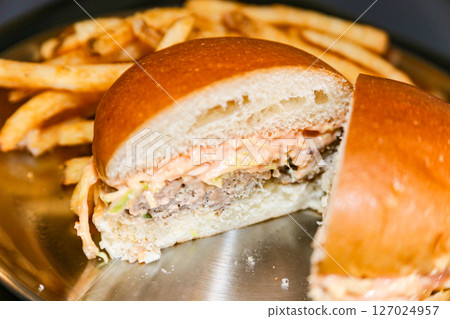 Homemade hamburger cut in half 127024957
