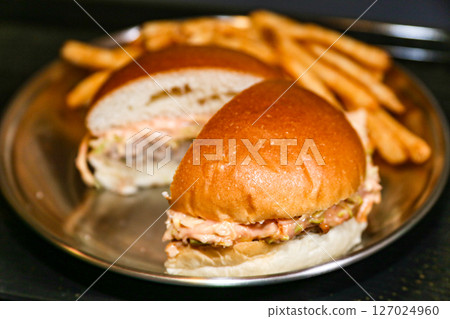 Homemade hamburger cut in half Homemade hamburger cut in half 127024960