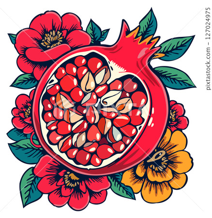 Pomegranate plant surrounded with flowers. Vector isolated illustration in tattoo style Pomegranate plant surrounded with flowers. Vector isolated illustration in tattoo style 127024975