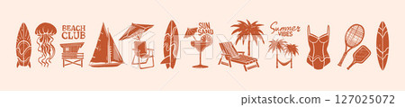 Summer ocean beach print, vector hand drawn sea coastal silhouette tropical vacation postcard set.  127025072