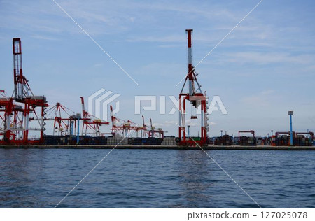 Cranes carrying containers at the port 127025078