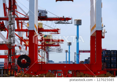 Cranes carrying containers at the port 127025085