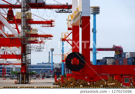 Cranes carrying containers at the port 127025086