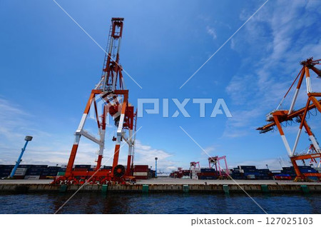 在港口運載集裝箱的起重機 127025103