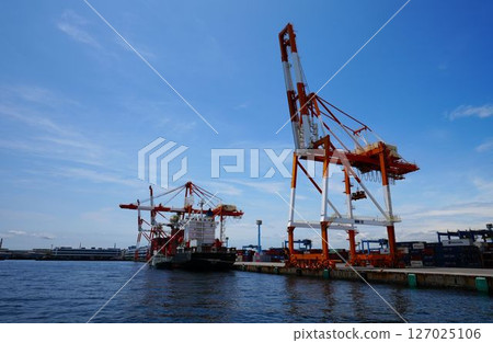 在港口運載集裝箱的起重機 127025106