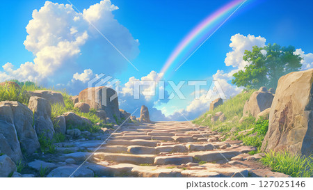 藍天彩虹鵝卵石路風景，動漫風格 127025146