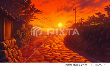 Scenery of a cobblestone road in a village at sunset, anime style 127025150