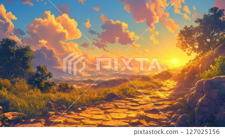 鵝卵石路在晨光下閃閃發光的動漫風格 127025156