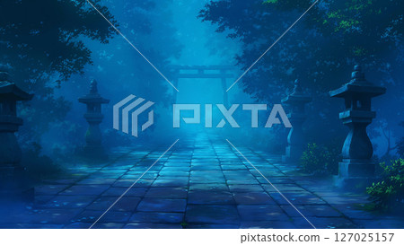 Scenery of a cobblestone road at a shrine at night, anime style Scenery of a cobblestone road at a shrine at night, anime style 127025157