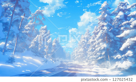 冬季森林中的瀝青路景觀,動漫風格 冬季森林中的瀝青路景觀,動漫風格 127025432