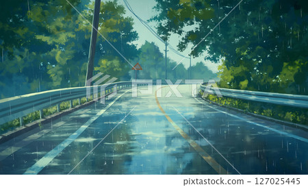 雨中的山間瀝青路風景，動漫風格 127025445