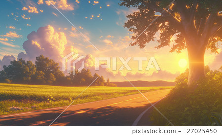 Morning sunlight and asphalt road scene, anime style 127025450