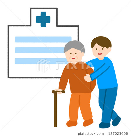 一名男子陪同一位老人到醫院 一名男子陪同一位老人到醫院 127025606