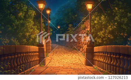 動漫風格的夜間磚路場景通往山上 動漫風格的夜間磚路場景通往山上 127026213