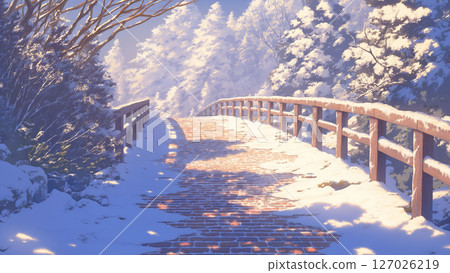 動漫風格的積雪磚橋風景 127026219