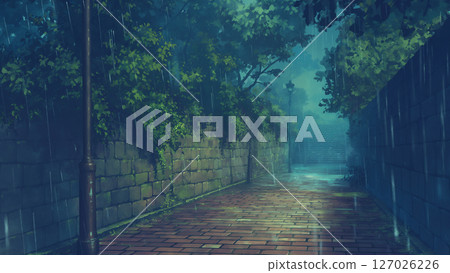 陰雨陰沉的磚路場景，動畫風格 127026226
