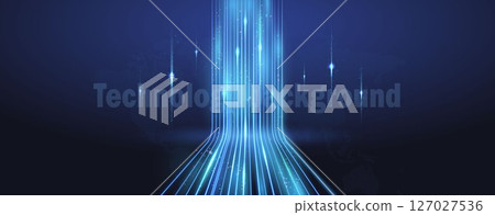 A strip of blue light, optical fiber, a high-speed line on a dark blue background. A strip of blue light, optical fiber, a high-speed line on a dark blue background. 127027536