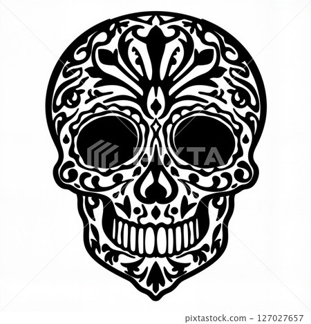Intricate sugar skull silhouette on white background, Day of the Dead 127027657