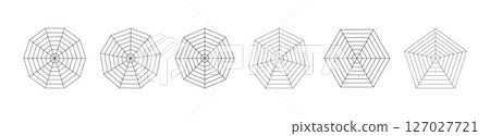 Radar, spider diagram flat templates. Spider mesh patterns. Polygon thin graphs. Diagram for statistic, analytic. Blank radar black charts. Minimalist coaching tool. Grid mockups with segments. Radar, spider diagram flat templates. Spider mesh patterns. Polygon thin graphs. Diagram for statistic, analytic. Blank radar black charts. Minimalist coaching tool. Grid mockups with segments. 127027721
