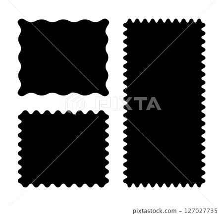Simple rectangular patterns with squiggly borders. Wave curve edge flat frames. Trendy black tags, empty text boxes, labels, stamps, crackers, coupons with curvy, squiggly, wiggly, wavy edges. 127027735