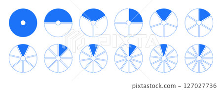 Circles divided diagram with 1, 2, 3, 10, 7, 8, 9, 10, 11, 12 equal parts. Graph icon pie, pizza shape section flat charts. Coaching blank pattern. Set of segments blue wheel round divide infographic. 127027736