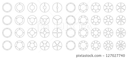 Circle division from 2 to 9 equal parts. Segmented diagrams. Coaching empty blank. Pie, pizza chart icons. Infographics set. Wheel round divided. Section graph black minimalist line art. Donut charts. 127027740