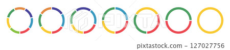 Donut charts, pies segmented on from 1 to 7 equal parts. Wheel divided in sections. Diagram multicoloured infographic. Circle section flat graph. Pizza chart round icons. Simple loading bar. Donut charts, pies segmented on from 1 to 7 equal parts. Wheel divided in sections. Diagram multicoloured infographic. Circle section flat graph. Pizza chart round icons. Simple loading bar. 127027756