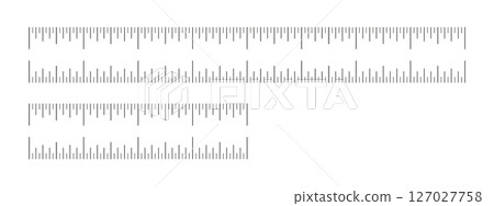 Measuring charts with 4, 8 inches. Set of ruler four, eight inches scales. Sewing tool mockups. Length measurement math, distance, height ruler black printable patterns. 127027758