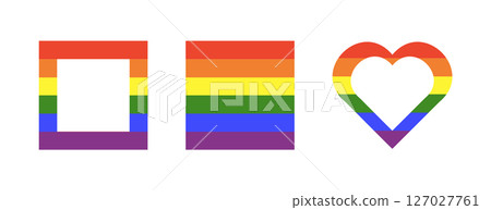 Rainbow flag background. Gay pride frames. Progress Logo symbols. LGBT square, heart icons. Stickers in rainbow colors. Square, heart badge, button, backdrop. Template design. Rainbow flag background. Gay pride frames. Progress Logo symbols. LGBT square, heart icons. Stickers in rainbow colors. Square, heart badge, button, backdrop. Template design. 127027761