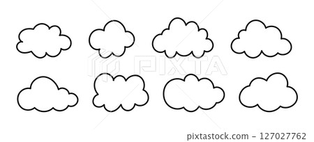 Doodle fluffy clouds. Outline clouds. Puffy, cumulus clouds. Cloudy forms in black thin contour. Weather element simple templates. Objects cloudscape. Hand drawn black graphic. Doodle fluffy clouds. Outline clouds. Puffy, cumulus clouds. Cloudy forms in black thin contour. Weather element simple templates. Objects cloudscape. Hand drawn black graphic. 127027762