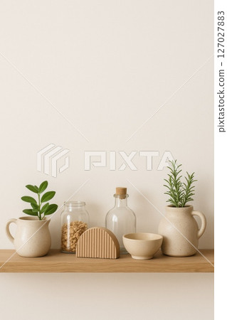 Scandinavian shelf arrangement with ceramic vases, glass jars and small plants on wooden board. Home decor concept featuring minimalist natural elements and neutral color palette 127027883