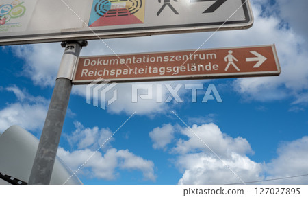 Nuremberg, Germany, August 3, 2023. Tourist information sign for the Documentation Center at the Nazi Party Rally Grounds. 127027895