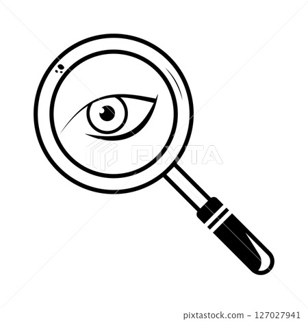 Magnifying Glass with Eye Inside Vector Illustration. A black and white vector illustration of a magnifying glass with a detailed human eye inside the lens. Magnifying Glass with Eye Inside Vector Illustration. A black and white vector illustration of a magnifying glass with a detailed human eye inside the lens. 127027941