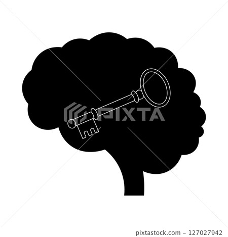 Key Inside the Brain Silhouette Vector Illustration. This black and white vector illustration features a human brain silhouette with an old fashioned key placed inside it. 127027942